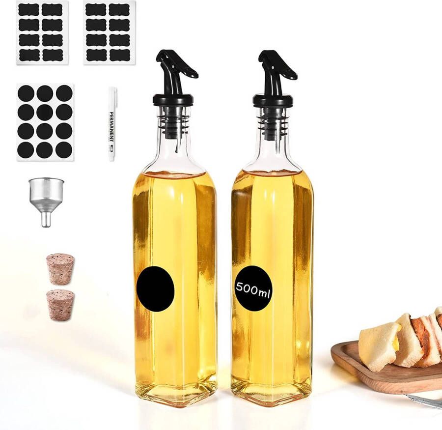 Oliedispenser 500 ml 2 oliefles borosilicaatglas materiaal olijfolie azijn en oliefles set flessen om te vullen wijnfles oliefles met schenktuit kurk etiket pen trechter