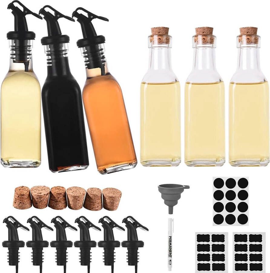 Oliedispenser Brringt Lhnen 6 x 160 ml oliefles 6 wijnkurken 3 etiketten 1 uitwisbare stift 1 trechter olijfolie fles oliefles met schenktuit azijn en olieflessenset azijnolie flessen