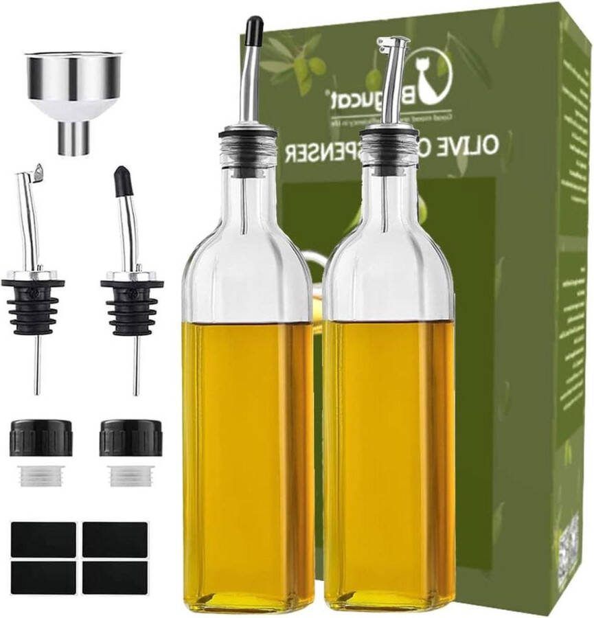 Oliefles 2 stuks 500 ml glazen azijnfles dispenser-schenktuit-etiket anti-vuilsluiting koken salade grillen