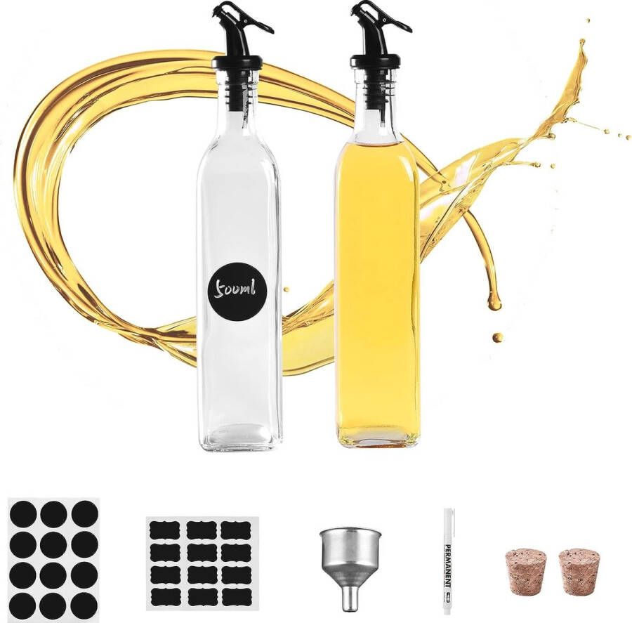 Oliefles 2 x 500 ml oliedispenser 2 olie geschenkdozen 2 bekers 3 etiketten 1 afveegbare pen 1 automatische trechterset glazen fles geschikt voor olijfolie fles likeurflessen azijn en olieflessenset