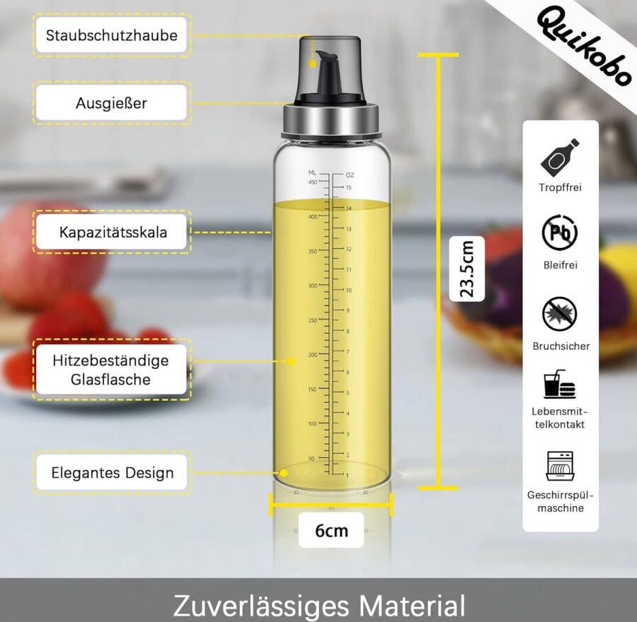 Oliefles 500 ml 2-pack azijn en oliedispenser glazen fles met grote capaciteit. Ultradun glas. Grote olijfolie dispenser met schenktuit oliefles container met duidelijke liniaal schaal