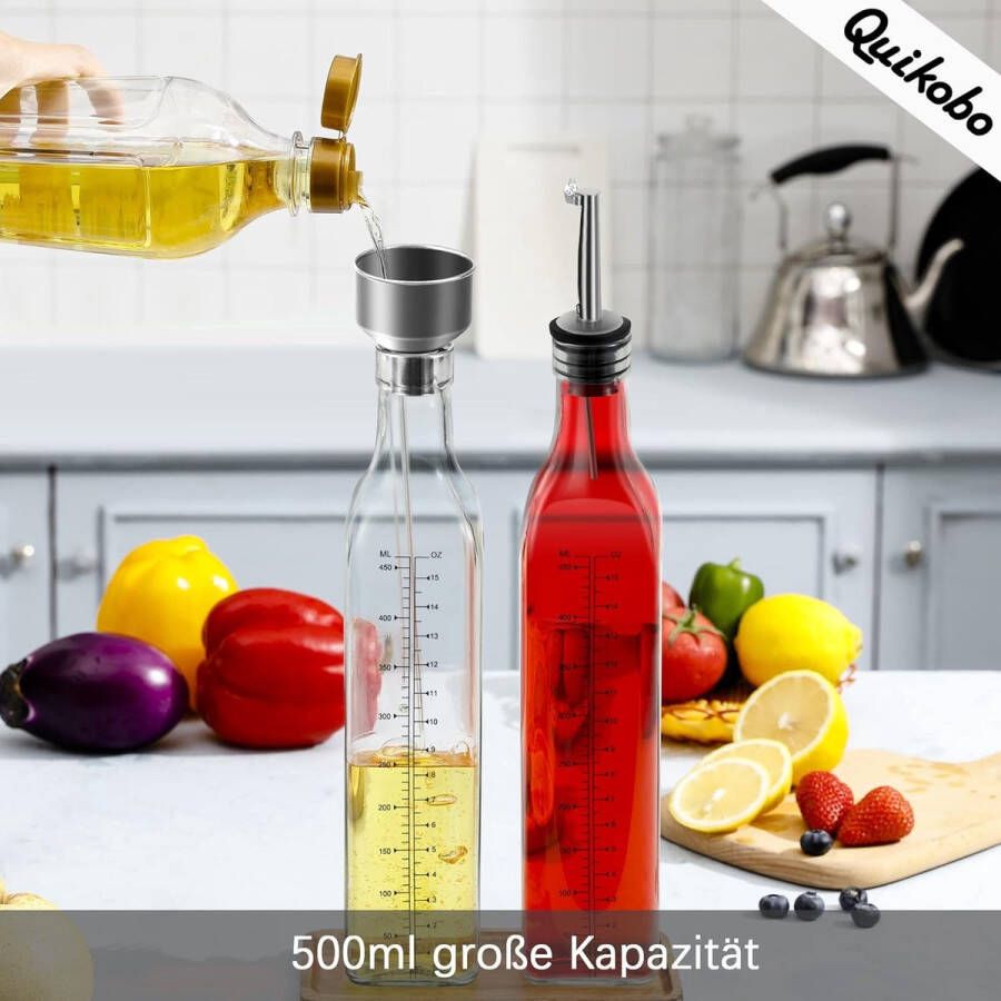 Oliefles 500ml 2-pack automatische dekselschakelaar azijn en oliedispenser glazen fles met grote capaciteit. Grote olijvenoliedispenser met schenktuit liniaal schaal