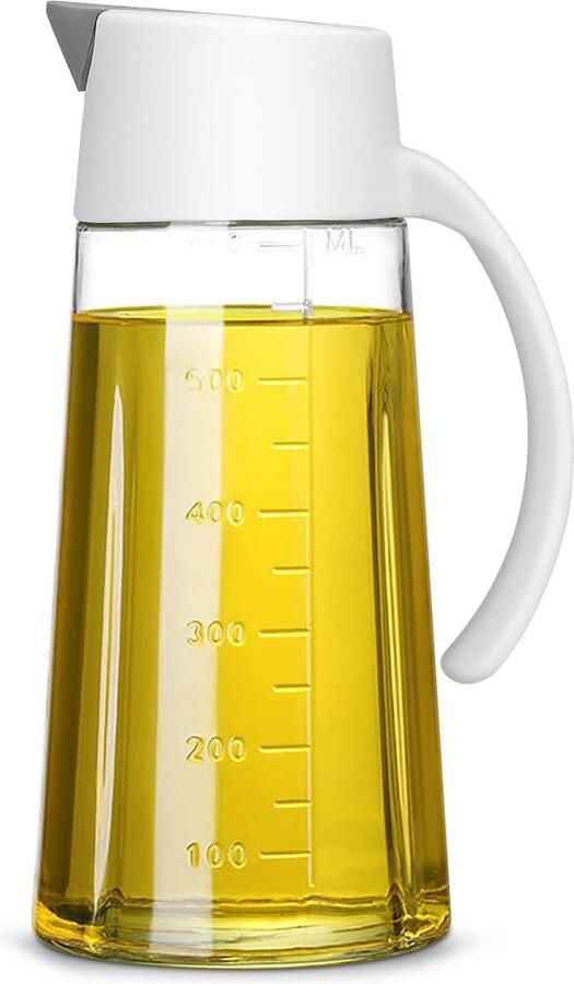 Oliefles 650 ml olijfolie fles automatisch openen en sluiten glazen oliefles met antislip handgreep voor sojasaus olijfolie azijn (wit)