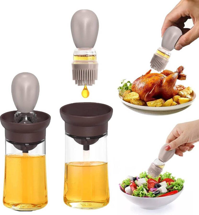 Oliefles met borstel 6 oz 2-in-1 siliconen gebakborstel met schaal Lekvrije glazen oliedispenser Flexibele keukenborstel met siliconen borstelharen voor bakolie olijfolie salade barbecue pasta