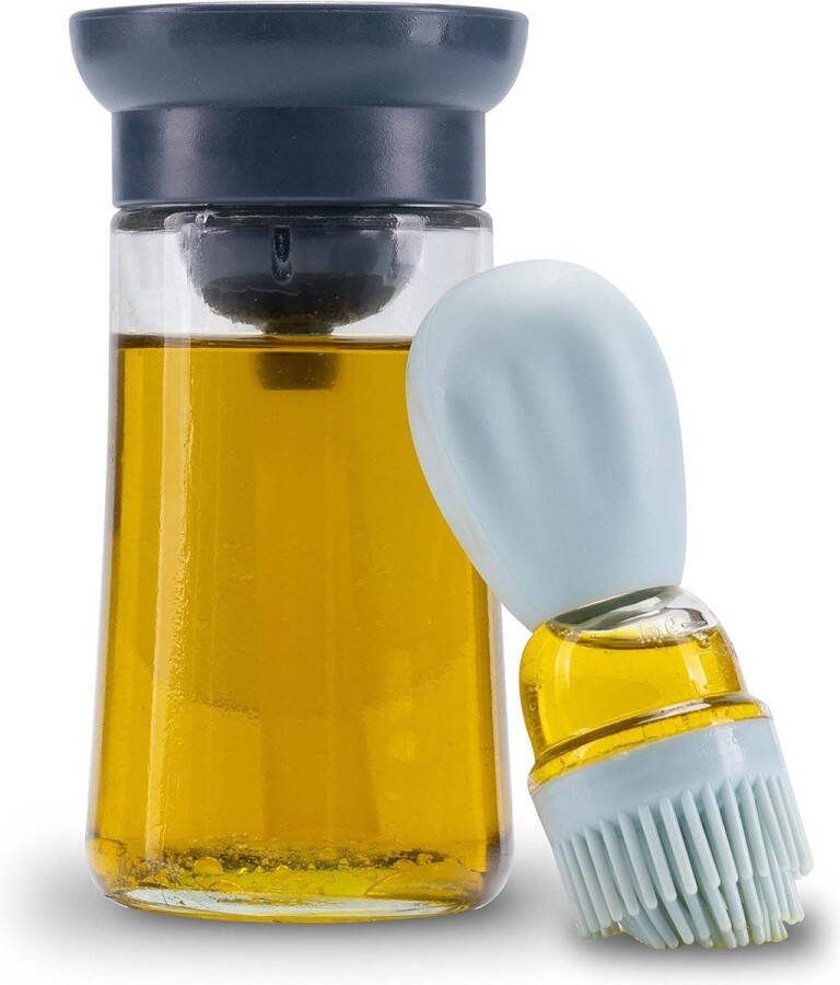 Oliefles met kwast en oliedispenser 180 ml bakkwast licht donkerblauw