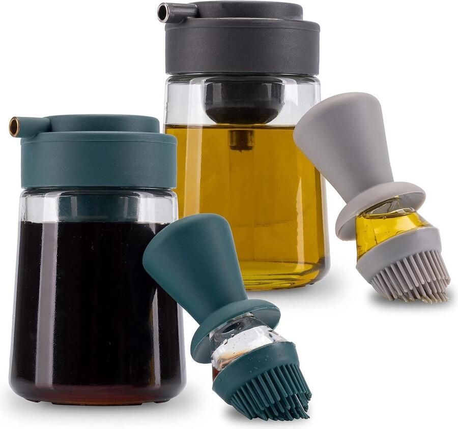 Oliefles met kwast en schenktuit Oliedispenser 350 ml Olie of azijn Bakkwast Set van 2 Antraciet lichtgrijs en petrol donkergroen