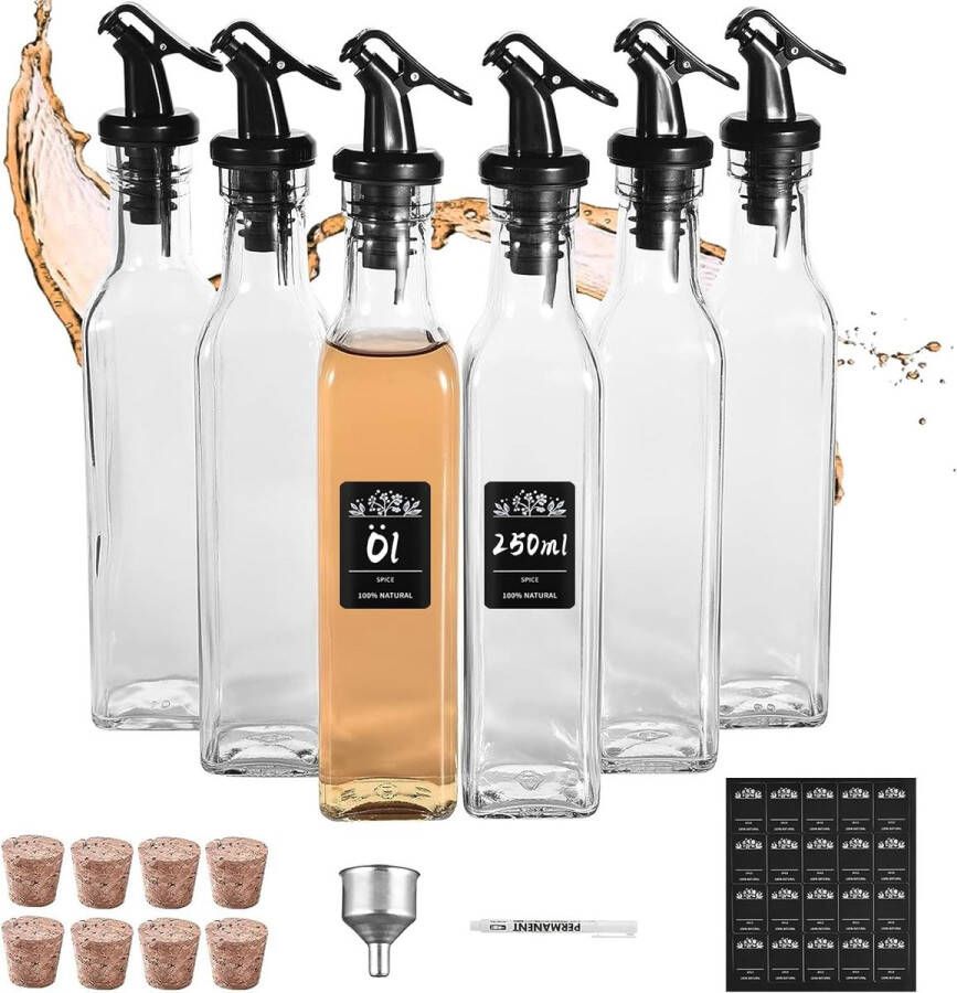 Oliefles oliedispenser met trechter 6 x 250 ml oliefles van dik glas zonder lood azijn- en olieflessenset voor keuken en BBQ oliespuitmond en kurkdeksel met goede luchtdichtheid