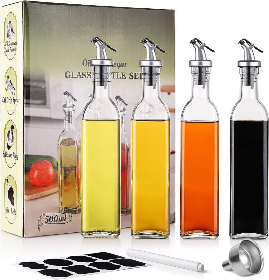 Olieflessen Azijnfles 500 ml glazen olijfoliefles 4-pack azijn- en olieflessen set met 4 tuiten 1 trechter oliedispenserfles voor koken keuken bakken salade