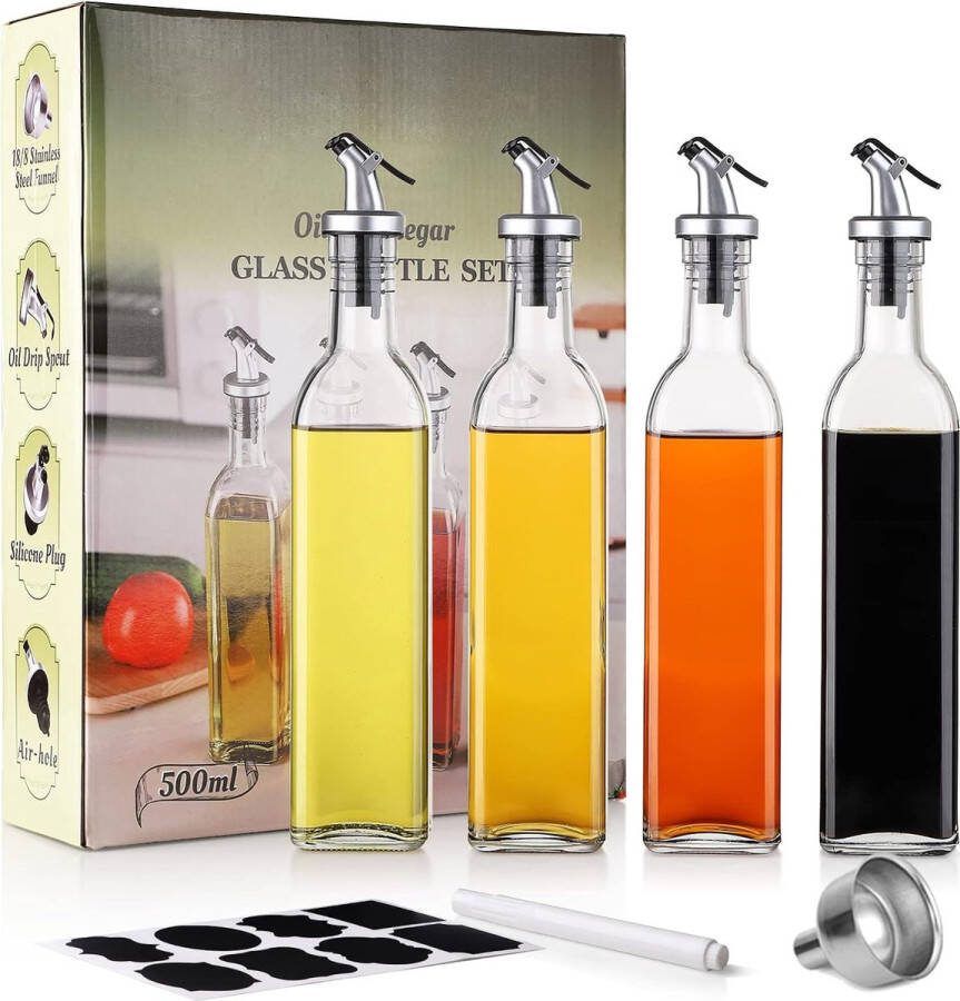 Olieflessen azijnfles 500 ml glazen olijfoliefles 4 stuks azijn- en olieflessen set met 4 schenktuiten 1 trechter oliedispenserfles voor koken keuken bakken salade