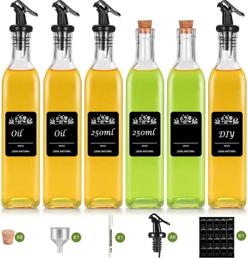 Olieflessen om te vullen 250 ml oliefles met trechter geschikt voor levensmiddelen azijn en oliereset oliedispenser kurkolieschenker voor likeuren en azijn (6 stuks)