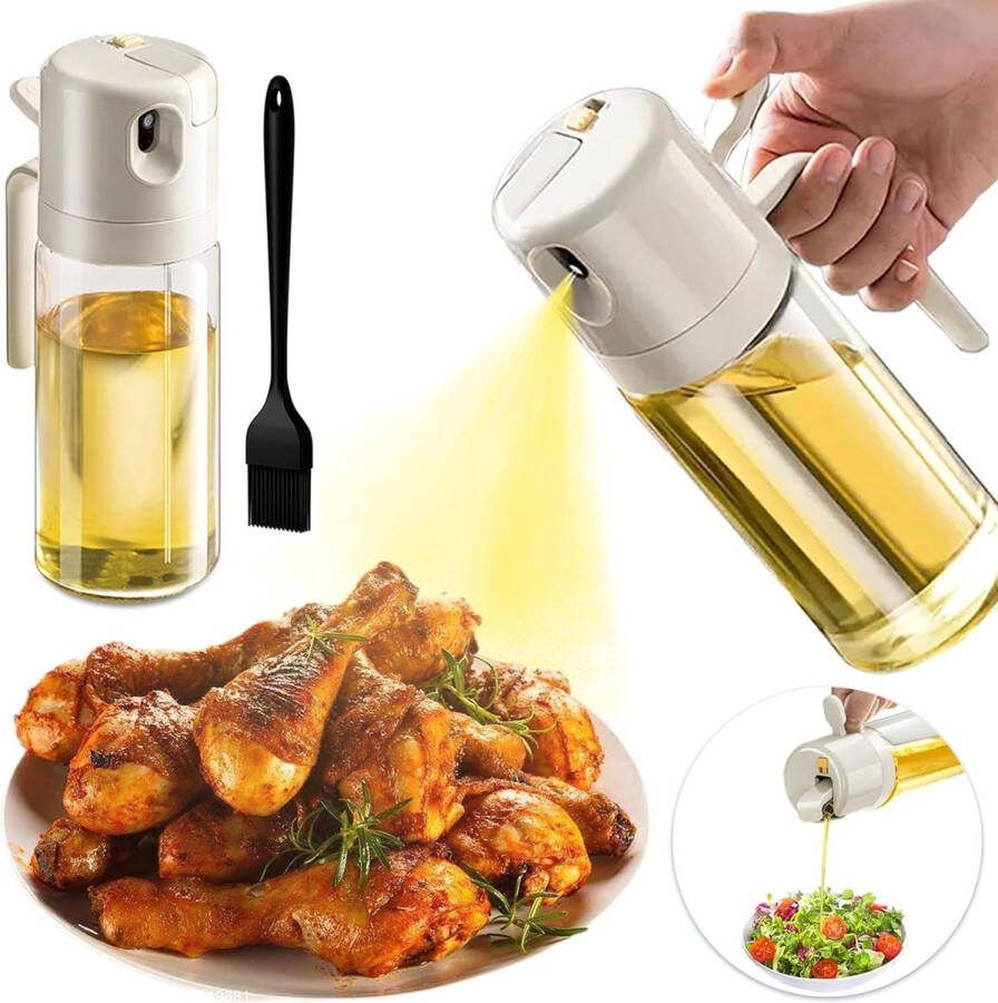 Oliesproeier voor Koken 2 in 1 Oliespray voor Keuken 550ml Oliespray met Siliconen Bakborstel Oliesproeier voor Spijsolie Oliesproeier Dispenser Oliesproeier voor Koken Salade (Beige)