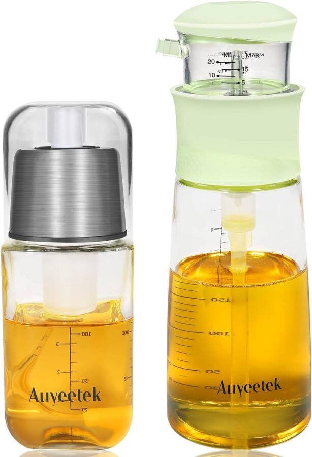 Oliesproeier voor spijsolie en oliedispenser oliespuitfles van roestvrij staal en glas drukpompaandrijving oliespray 180 ml azijn oliefles glas keuken met maatpomp druppelvrije schenktuit 500 ml
