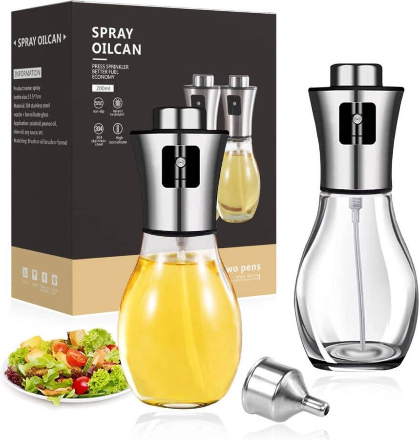 Oliespuit voor spijsolie spuitfles olie glas roestvrij staal oliespray voor het koken olijfolie oliedispenser verstuiver olie spray voedselveilig caloriearm voor heteluchtfriteuse 200 ml (2 stuks)