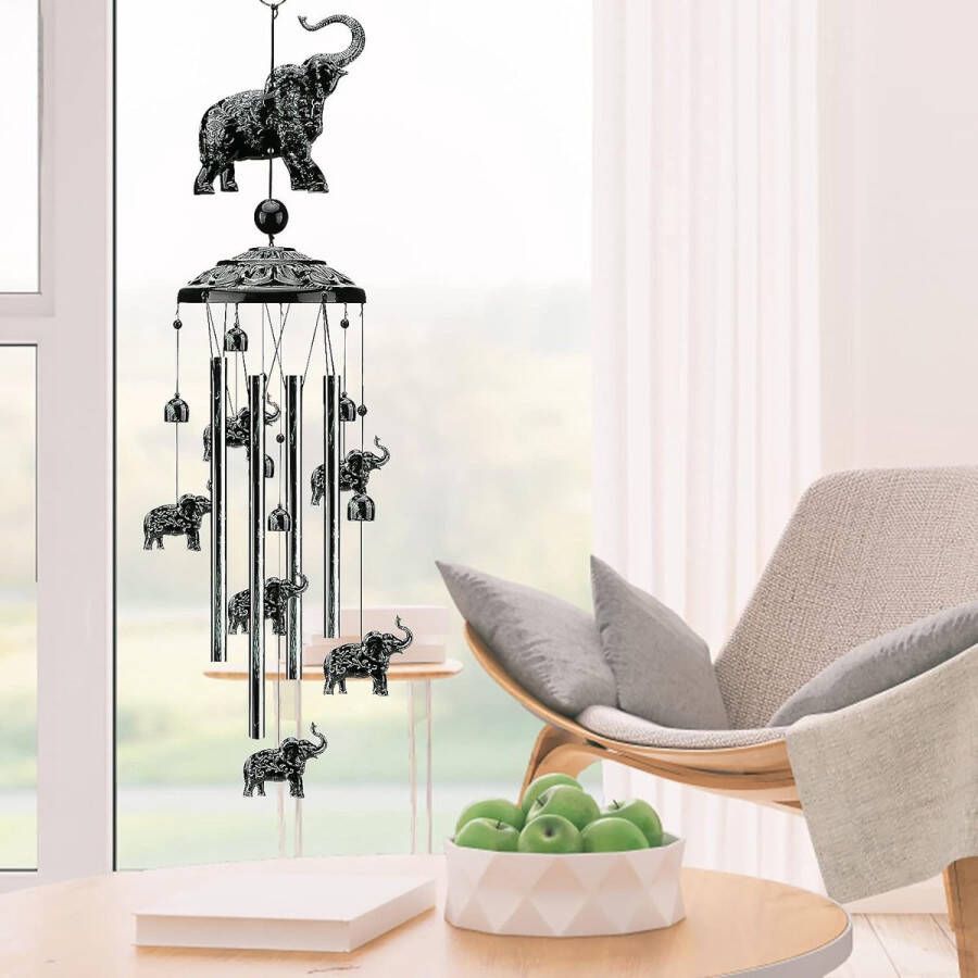 Olifant windgong buiten koperen windgong decoratie met 1 Lucky Bead 4 aluminium buizen 6 klokken windgong voor tuin verjaardagscadeau thuis tuin patio opknoping decoratie (zwart)
