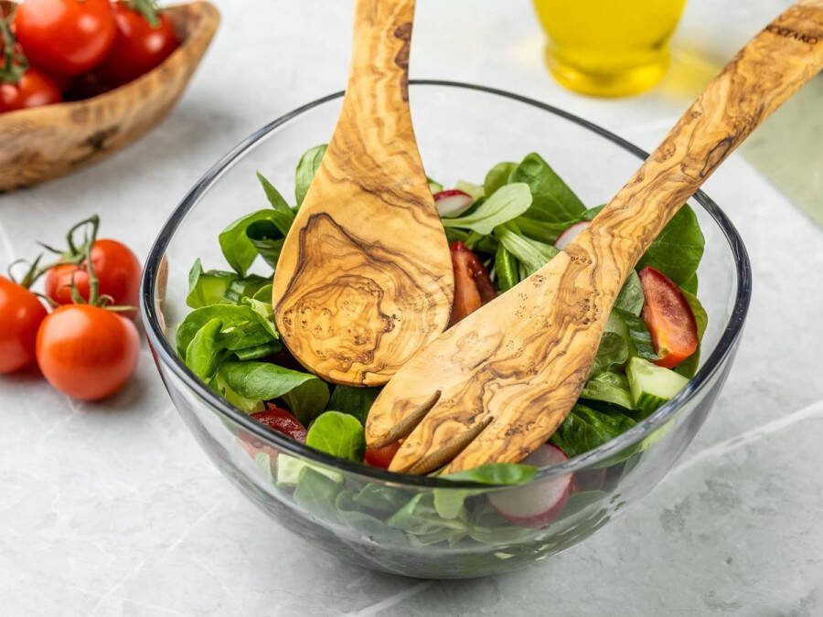 Olijfhout lepel bestek kooklepel rijst lepel spatel vork saladebestek saladelepel keukenhulp bestekset lengte: 30cm (7-delig kooklepel + saladebestek + spatel + rijstlepel)