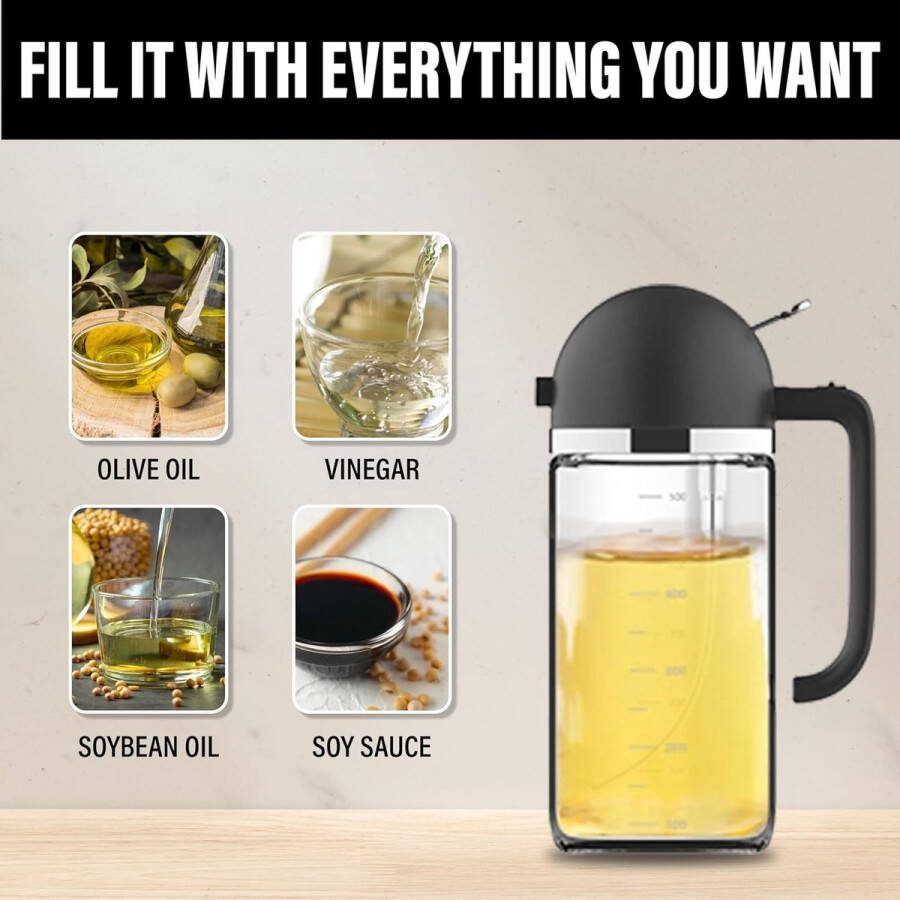 Olijfolie dispenser 2 in 1 olie dispenser en verstuiver oliefles met tuit 500 ml olie verstuiver voor koken salade barbecue zwart
