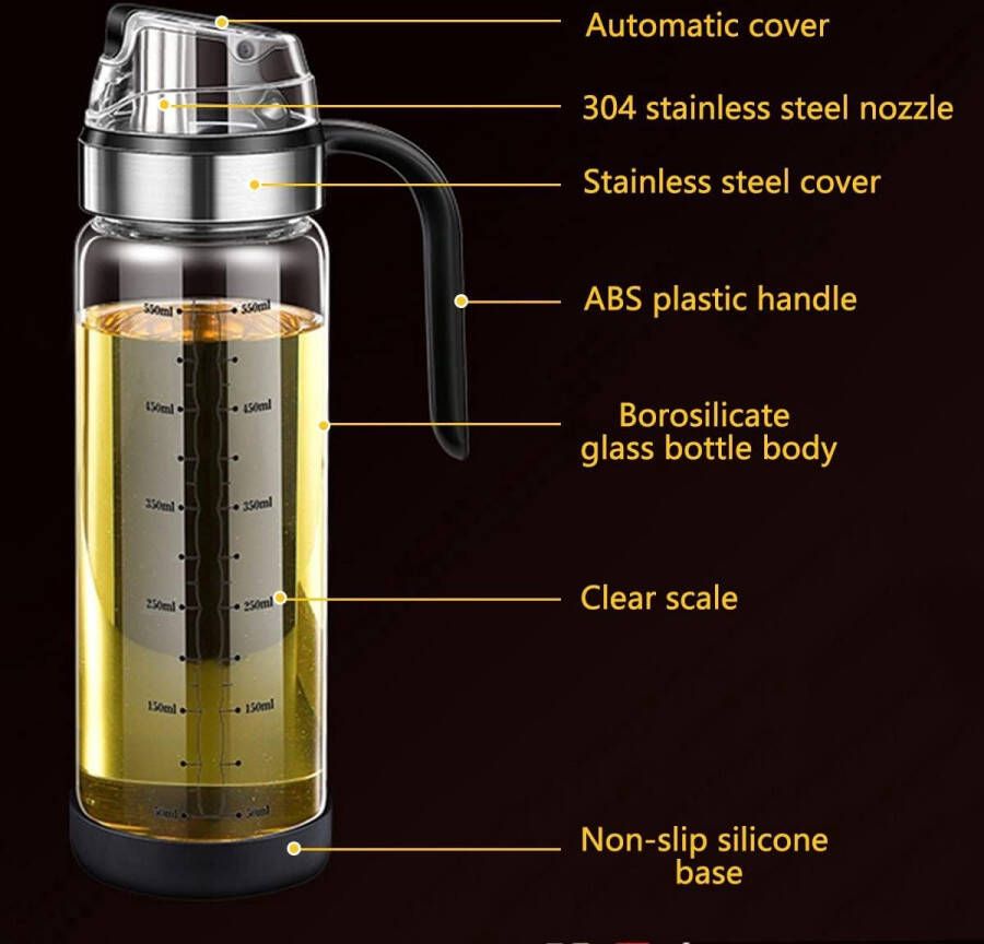 Olijfolie Dispenser Fles Glazen Olijven Oliedispenser met Schenktuit Automatisch Openen en Sluiten Azijndispenser Olijfolie Dispenser voor Keuken Grill Pasta(550ml)
