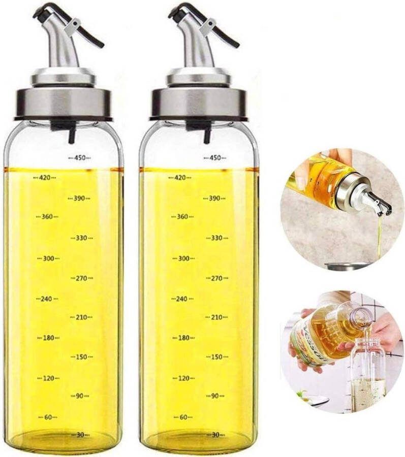 Olijfoliedispenserfles 2 stuks van 500 ml. Grote olijfoliedispenser roestvrijstalen schenktuit glazen bakolie-azijn-maatdispenserset voor keuken en grill