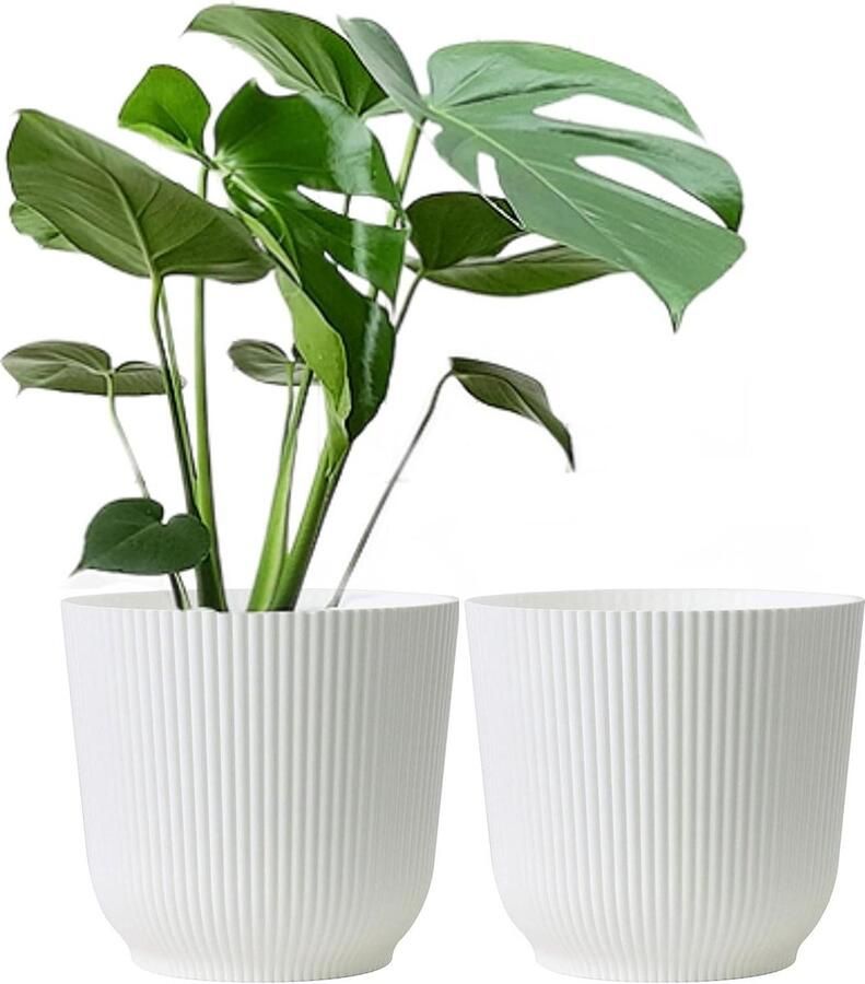 Olly & Rose Plantenpot Oxford 22 cm Set van 2 grote witte kunststof bloempotten voor binnen en buiten Tuin en huis Mat wit geharde hars plantenpotten