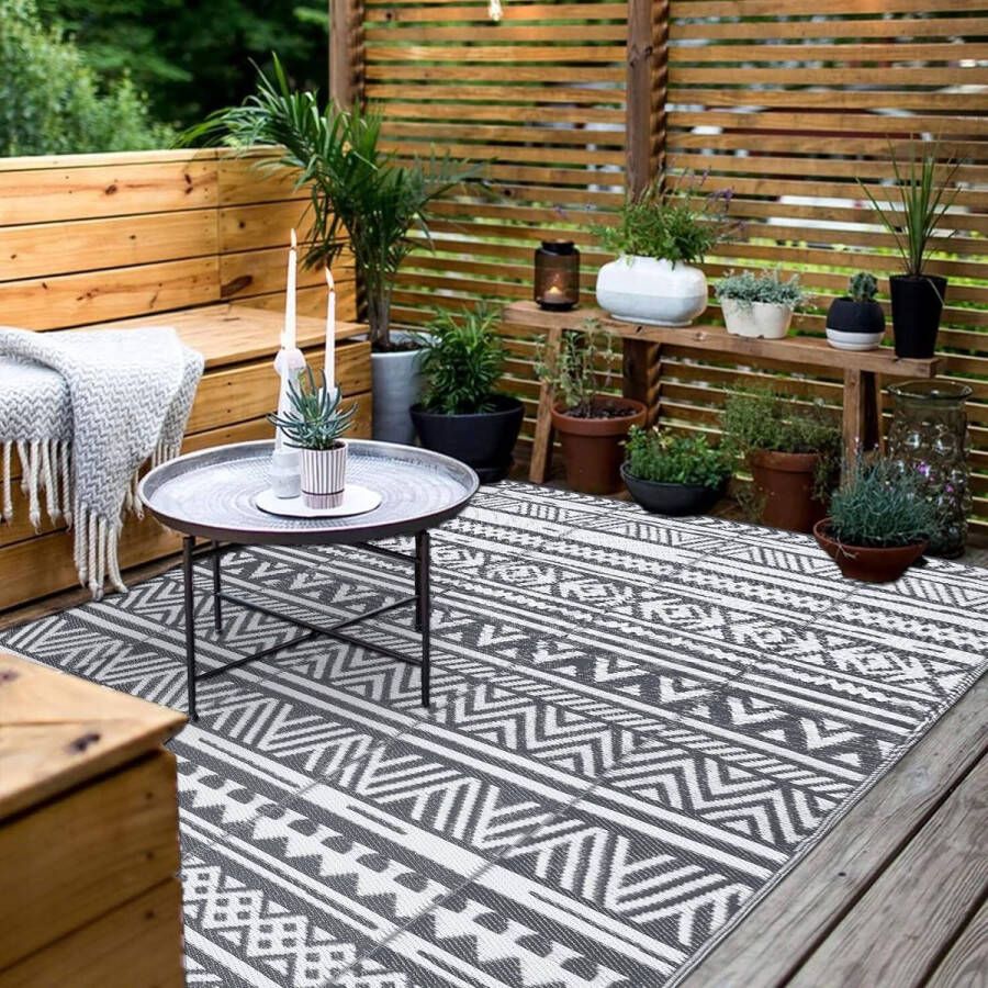 Omkeerbaar vloerkleed voor binnen en buiten 150 x 240 cm kunststof strotapijt campermat campingtapijten grijs grote vloermat en tapijt voor buiten achtertuin terras picknick strand
