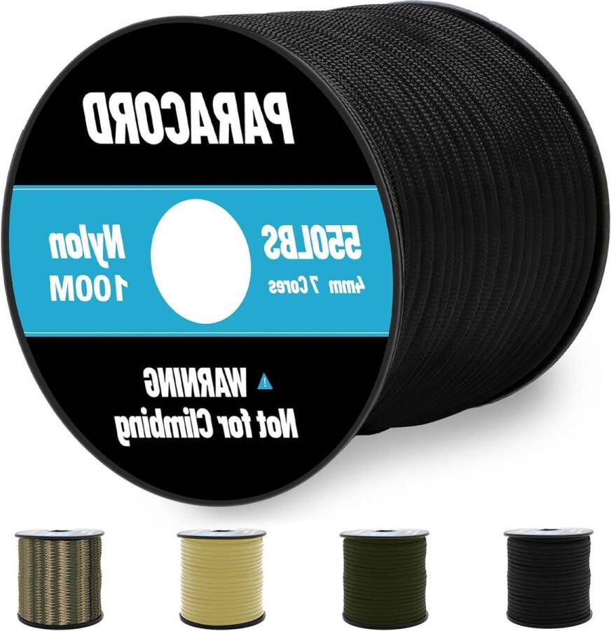 Omtofo 100 m Paracord 550 nylon touw 4 mm 7 kernstrengen zwart parachutekoord armband lijn halsband survival max. 250kg