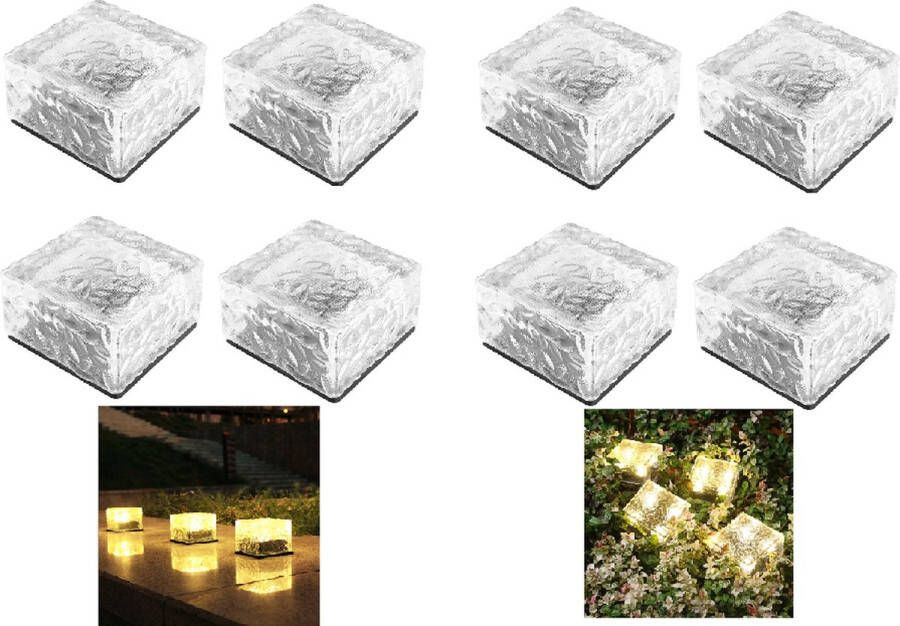 On Sale! Solar Grondspot (8stuks) Solar Ice Cube Grondspots-solar Tuinverlichting op zonne-energie-Warm Licht- Glazen IP68 7cm *7cm*5.5cm