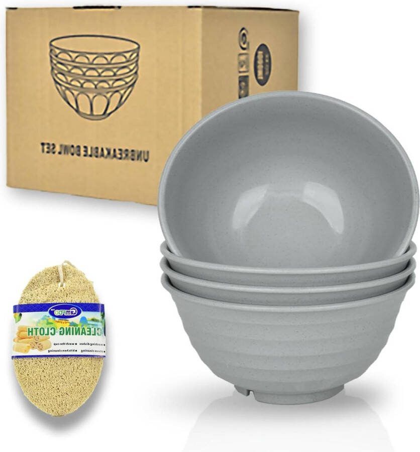 Onbreekbare Graanschalen Set Van 4 Lichtgewicht Plastic Kom 1000ml Voor Graansoep Snacksalade Magnetron- en Vaatwasmachinebestendig Grijs Φ17cm