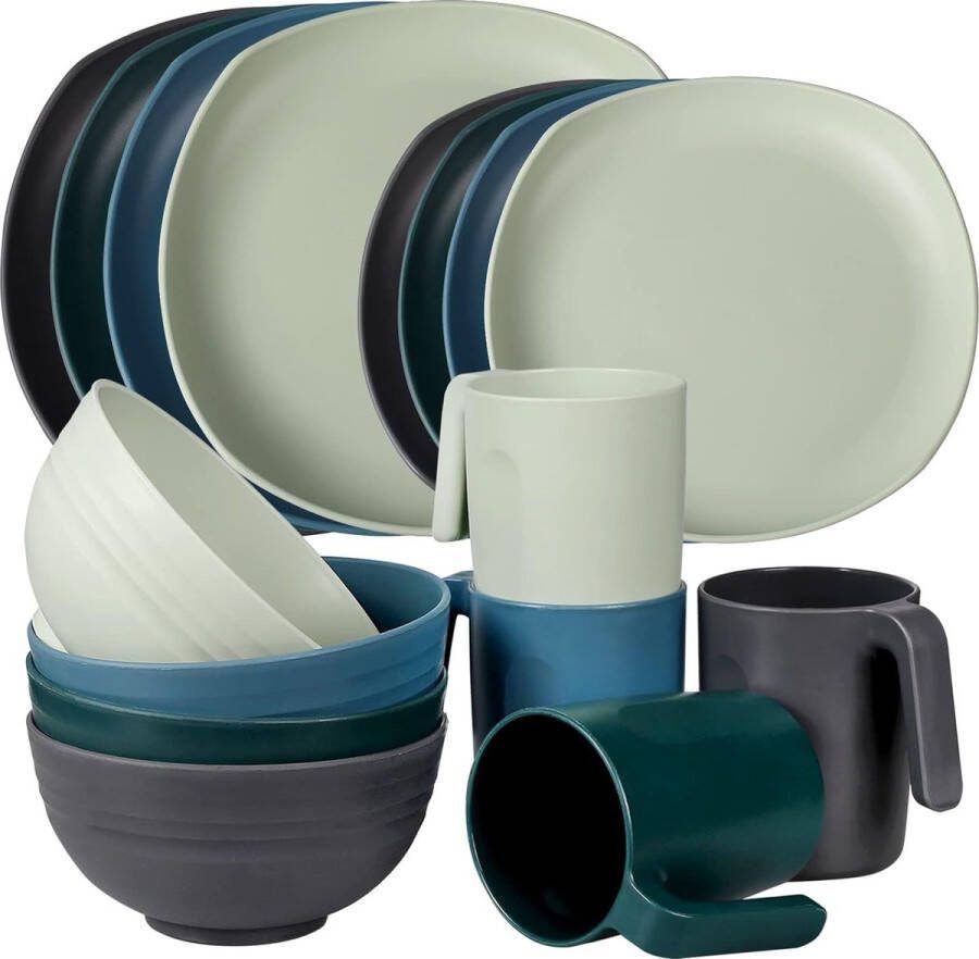 Onbreekbare lichte serviessets plastic dinerset 4 eetborden 4 kommen 4 kopjes magnetron- en vaatwasmachinebestendig campingservies voor kinderen en volwassenen servies voor 4