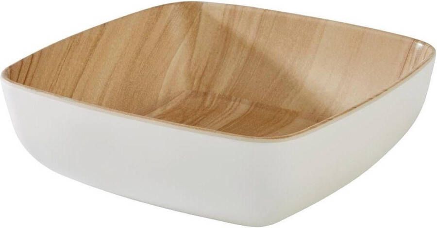 Onbreekbare melamine kom stabiele kunststof kom saladeschaal fruitschaal in hout-look 25 x 25 x 7.5 cm vaatwasmachinebestendig Fruitschaal