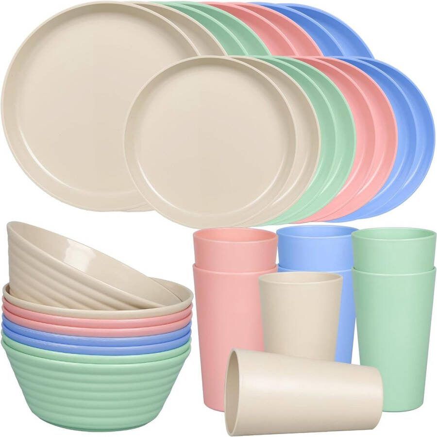 Onbreekbare plastic serviesset 32-delig lichtgewicht campingservies magnetron en vaatwasmachinebestendig bordenset kommen kopjes mokken servies voor 4 ideaal voor kinderen en camping