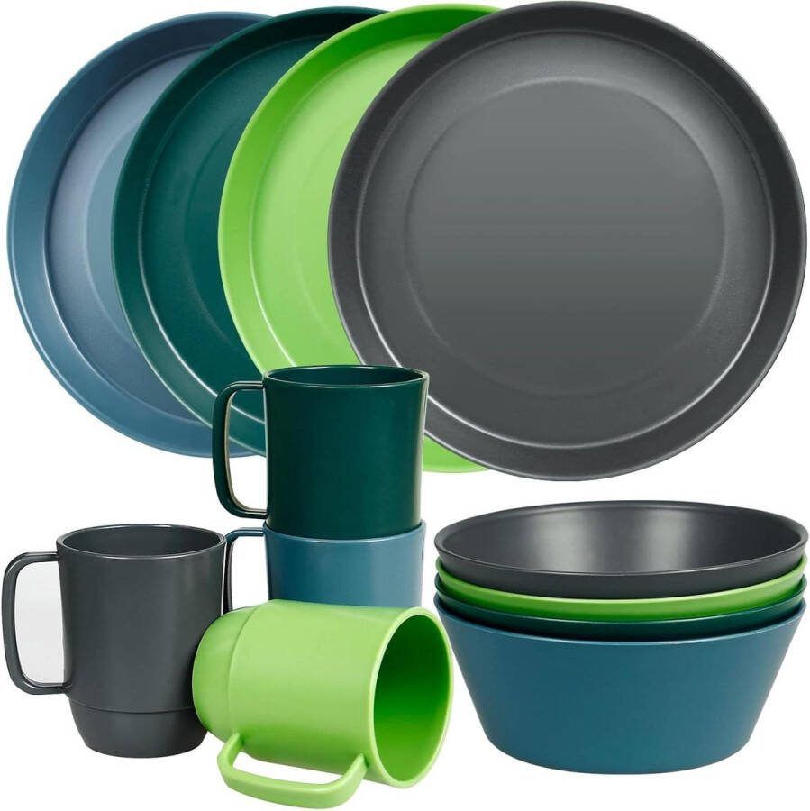 Onbreekbare serviessets Plastic 12 stuks Campingservies Lichtgewicht Borden Kommen Mokken Magnetron- en vaatwasmachinebestendig Service voor 4 Geweldig voor kinderen Bordenset