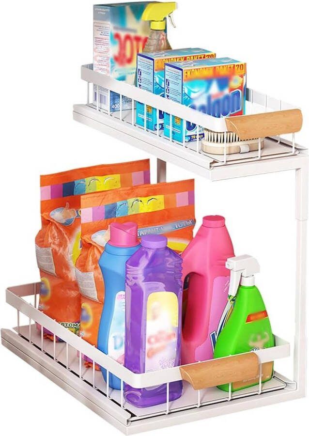 Onder gootsteen organizer 2-sifons kruidenrek metalen rek organizer onder de wastafel met uittrekbare schuifladen