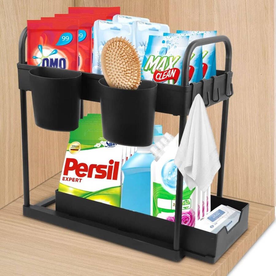 Onder gootsteenorganisatoren en opslag schuifkastorganizer met 4 haken en 2 kopjes 2-laags multifunctionele opbergplank lade onder gootsteen onder gootsteen organizer voor keuken badkamer zwart