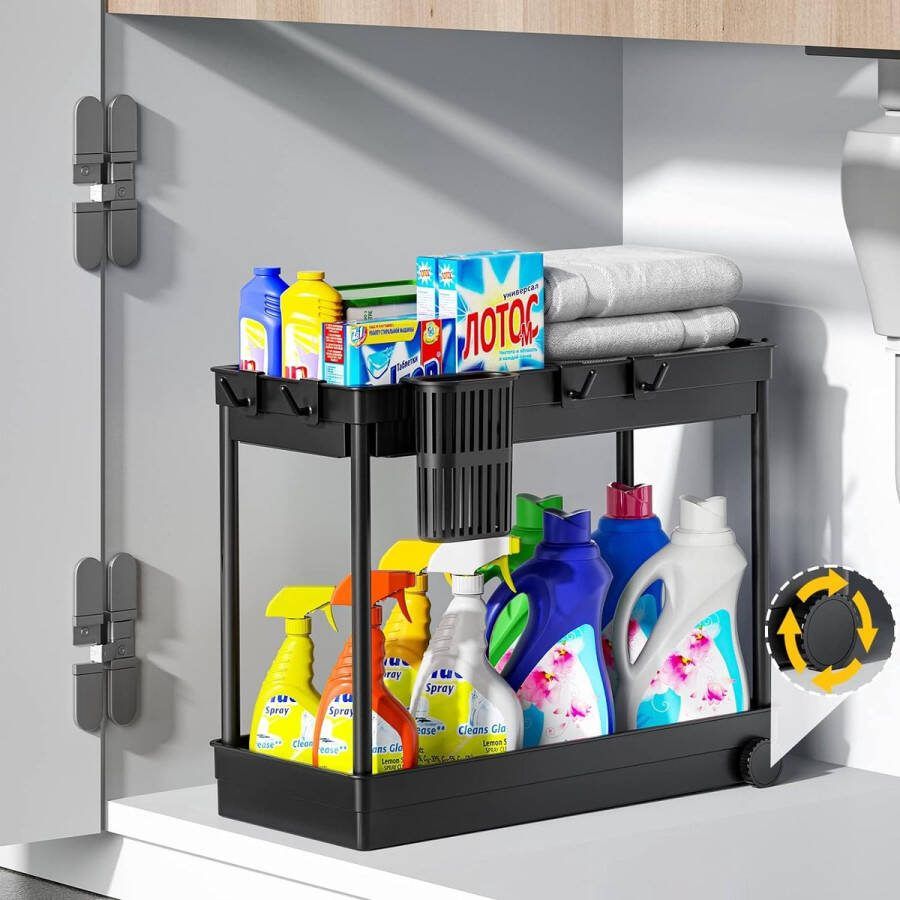 Onder gootsteenrek keukenorganizer 2 etages kruidenrekken schuifkast mand met haken voor gebruik in keukens badkamers en nauwe plekken zwart