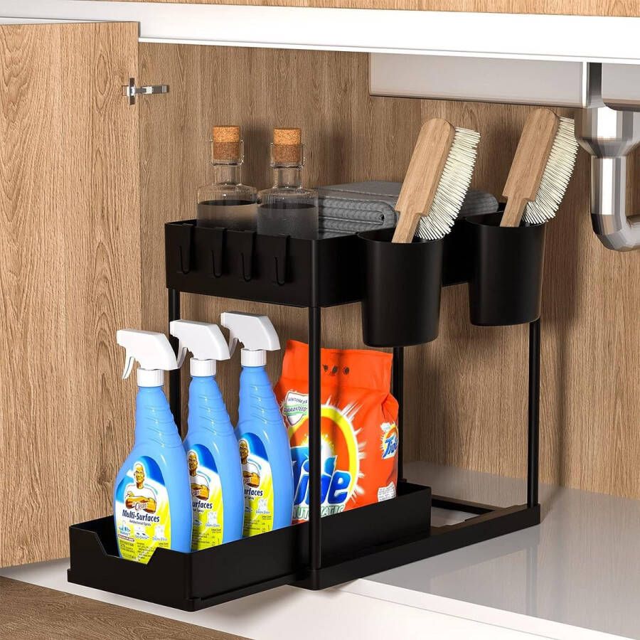 Onder wastafel rek 2 etages verhoging 34 cm spoelkastorganizer met schuiflade wastafelrek onderkast organizer met 4 haken en 2 kopjes onder gootsteenorganizer voor badkamer keuken