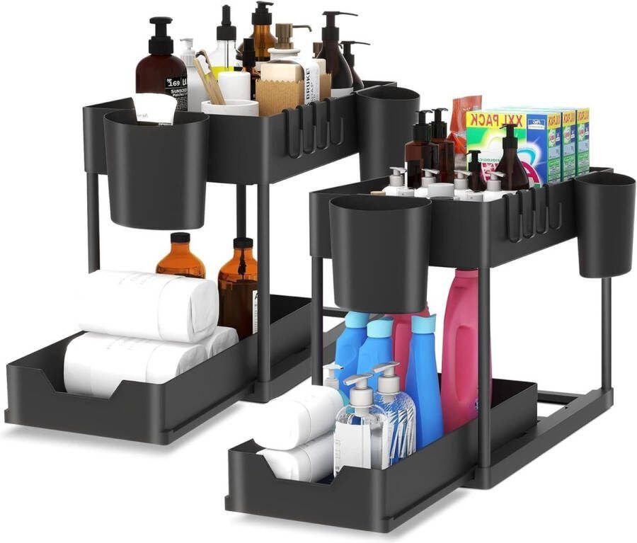 Onder wastafelrek 2 etages keukenkast organizer met 4 haken en 2 kruidenbekers multifunctionele keukenrekorganizer