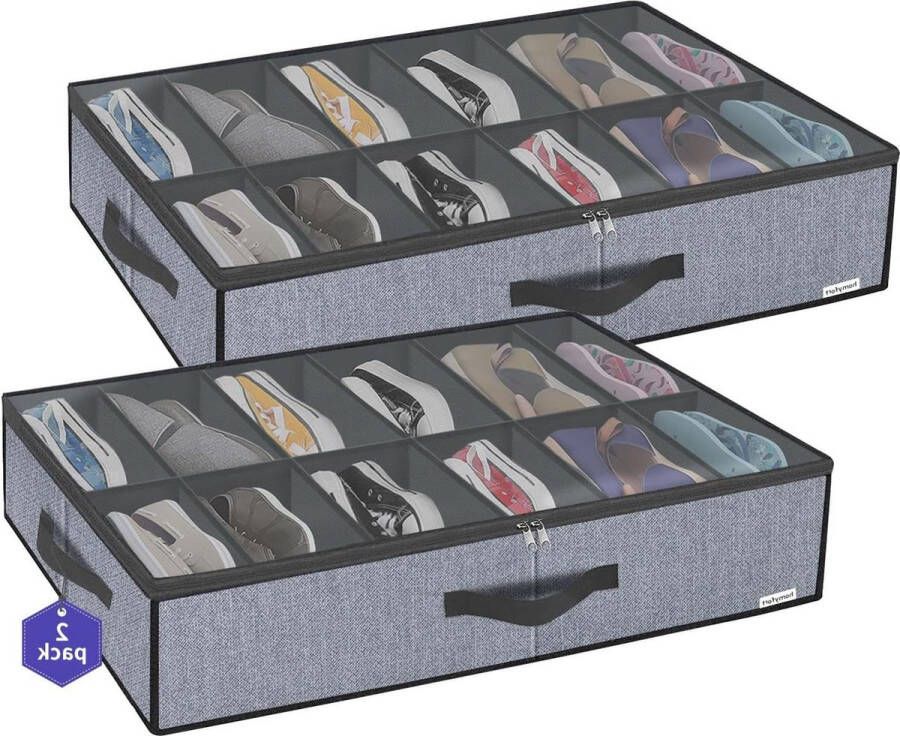 Onderbed-commode voor schoenen met doorzichtig deksel opbergkist voor schoenenopslag met 14 vakken visgraatpatroon grijs 2 stuks