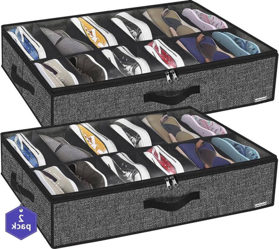 Onderbed-commode voor schoenen met doorzichtig deksel Sterke opbergkist voor schoenenopslag 12 vakken linnen zwart Set van 2