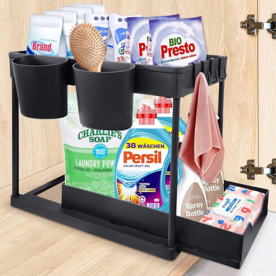 Onderkast met 2 etages uittrekbare organizer onder de gootsteen plank lade multifunctioneel opbergrek met haken voor keuken badkamer wasruimte (zwart)
