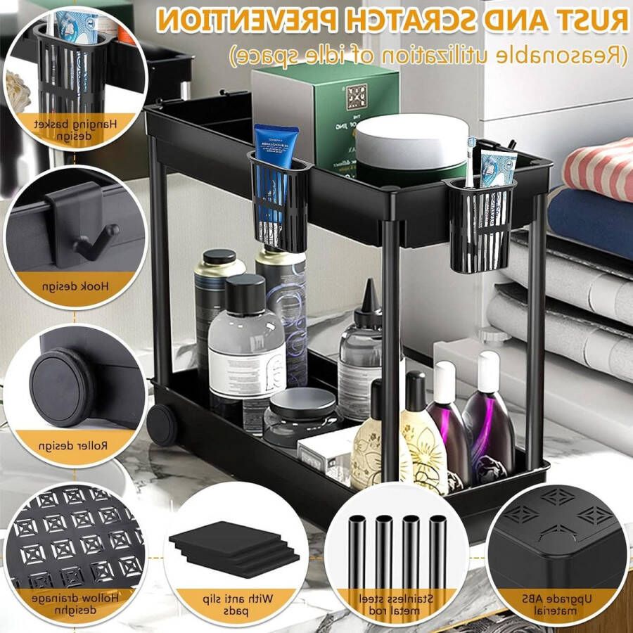 Onderkast-organizer voor badkamer en keuken 2 etages 8 haken 4 hangbekers Keukenkast organizer