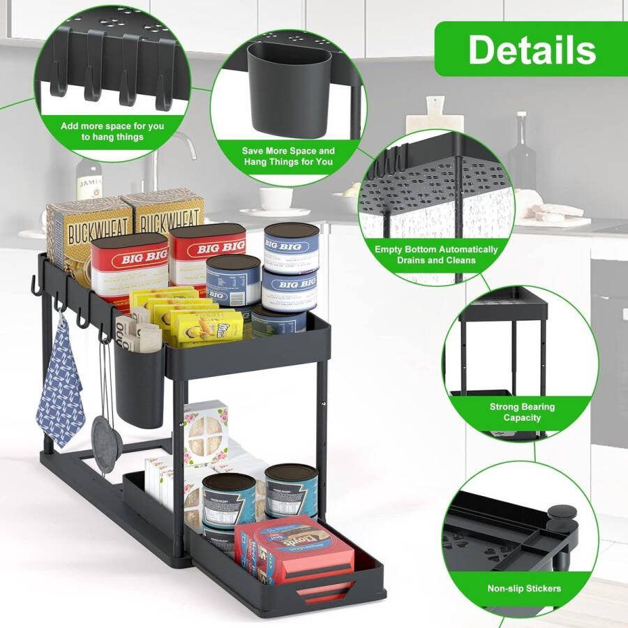 Onderwastafel rek keukenorganizer 2 verdiepingen lade-organizer optilbare kastorganizer keuken met 4 haken 8 antislip pads en 1 hangbekerorganizer opslag (zwart)