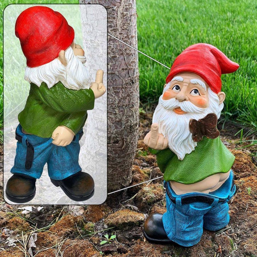Ondeugende Tuinkabouter met Opgeheven Middelvinger Grappig en Eigenzinnig Decoratief Beeld voor je Tuin