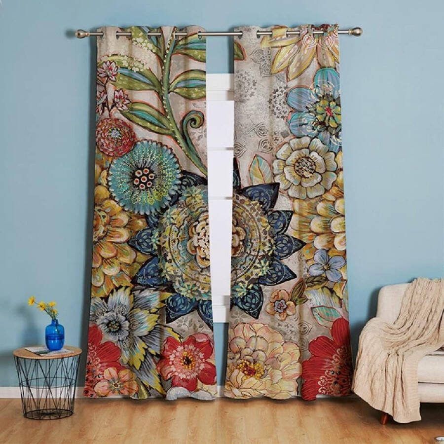Ondoorzichtige Gordijnen Bloemen Bladeren Motief Boho Vintage Verduisteringsgordijn met Ringen Landhuis Decoratief Gordijn Ruffle Tape voor Slaapkamer Woonkamer Set van 2 240×132 cm (H×B)