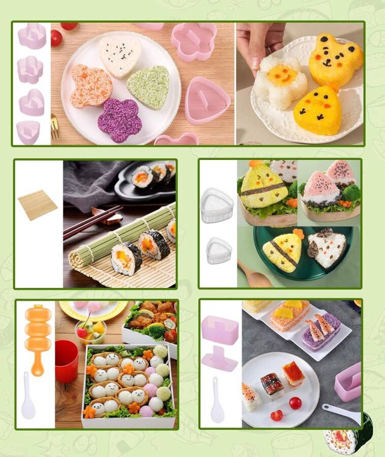 Onigiri-vormpjes 9 stuks met 2 lepels en 10 fruitvorken doe-het-zelf bento voor kinderen spam musubimaker pers rijstbal sushi-rolling-mat sushi-making-kits voor de lunch