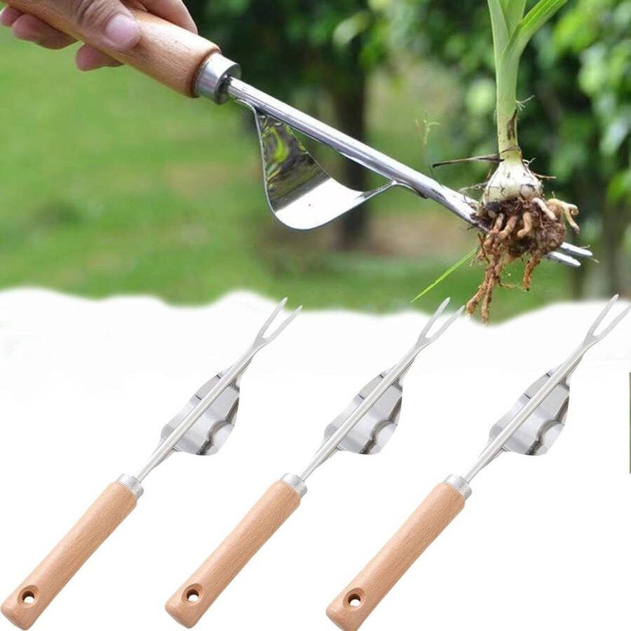 Onkruidsteker set van 3 roestvrij staal natuurhouten handvat bodem losmaken weed cutter