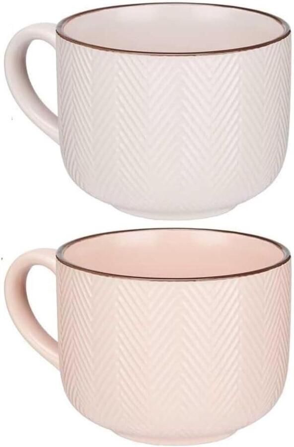 Ontbijtkommen keramiek Set van 2 grote koffiekopjes soepkopjes magnetronbestendig en vaatwasmachinebestendig muesli dessert salade thee melk 570 ml roze