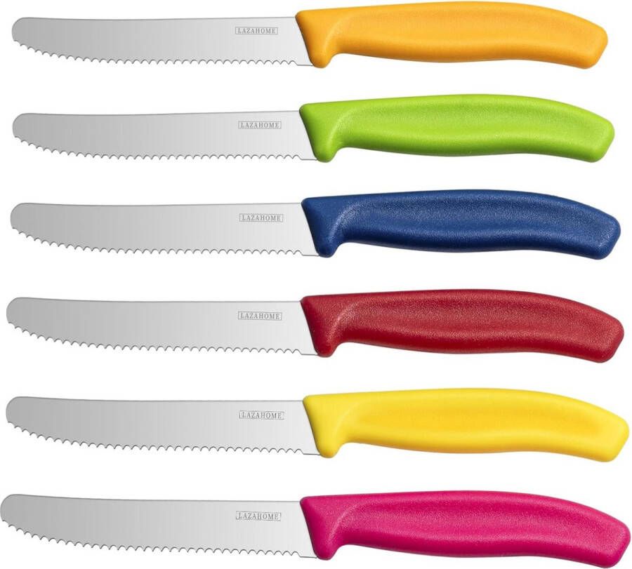 Ontbijtmessenset van 6 kleurrijke tafelmessen met gekartelde rand broodmes ontbijtmes tafelmes van roestvrij staal bestekmessenset voor catering thuis vaatwasmachinebestendig