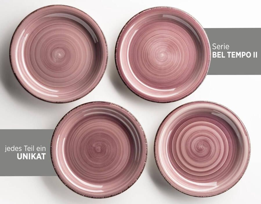 Ontbijtservies voor 6 personen in vintage look handbeschilderd keramiek 18-delige serviesset in paarse kleur bessen aardewerk