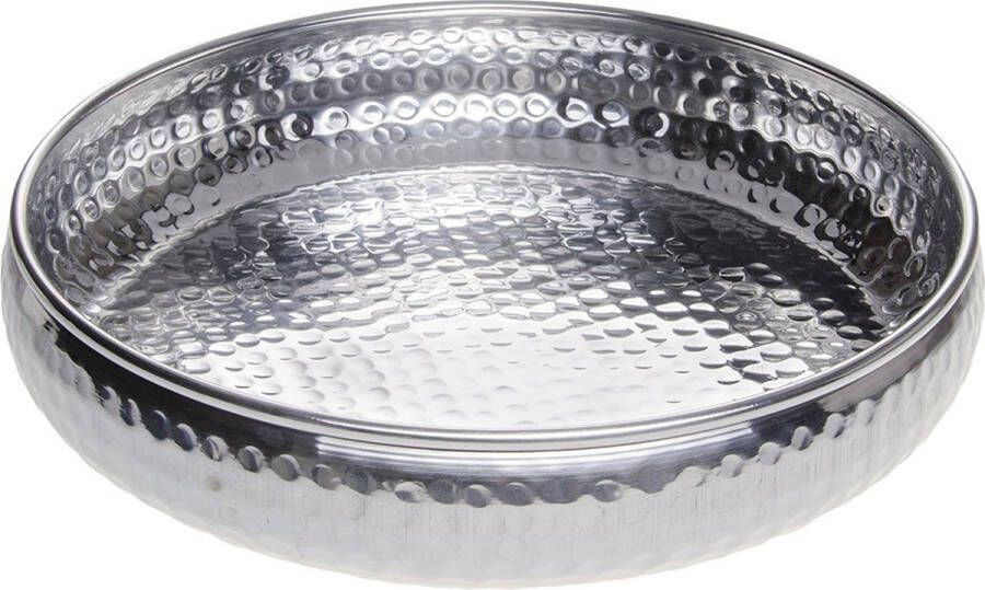 Oosterse ronde schaal van metaal 34 cm groot zilver Oosterse Decoratieve Kom Met Hoge Rand Marokkaans Dienblad Rond Oosterse zilveren decoratie voor een gedekte tafel