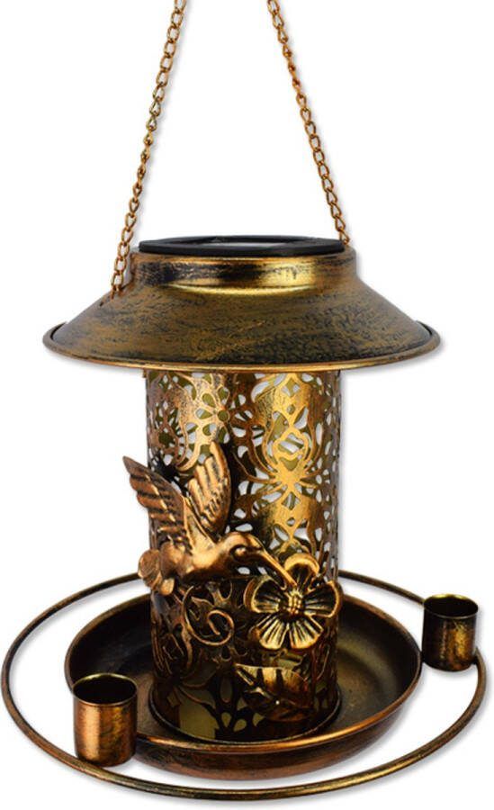 Op=Op! Solar tuinverlichting -Solar Lantaarn(maat L)- 3D met de vogels – Brons – Metaal Solar Tuinlamp op zonne energie – Led Buitenverlichting met Dag Nacht Sensor – tafellampen voor buiten- Hanglamp Tuinlantaarn – 19.5 cm
